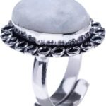 CrystalSouq Rainbow Moonstone German Silver Adjustable Flower Ring for Intuition & Clarity