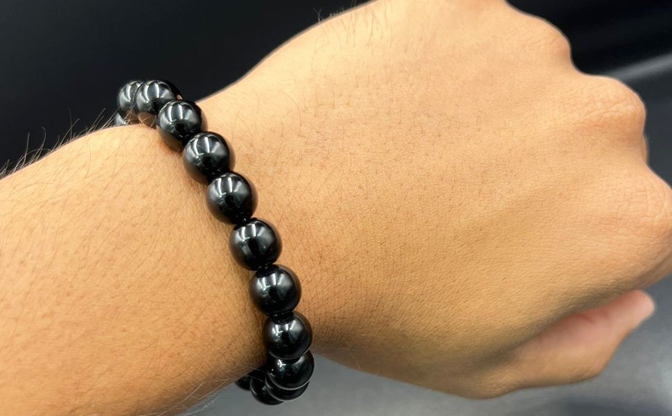 REBUY Natural Black Tourmaline Healing Crystal Bracelet 10mm