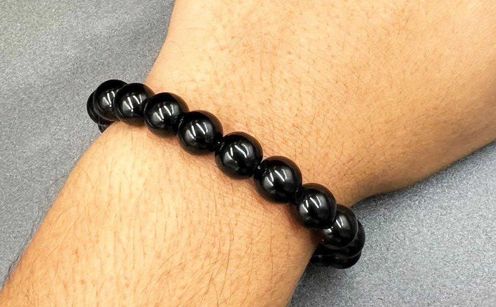 Polished Opaque Black Tourmaline Beads Strung on Flexible Stretch Band