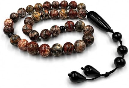 CrystalSouq Natural Jasper Stone 33-Bead Tasbih Misbaha with Black Agate Tassel & Velvet Box