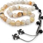 CrystalSouq Natural White Agate (Aqeeq) 33-Bead Tasbih Misbaha with Hematite & Onyx Tassel (Velvet Box)