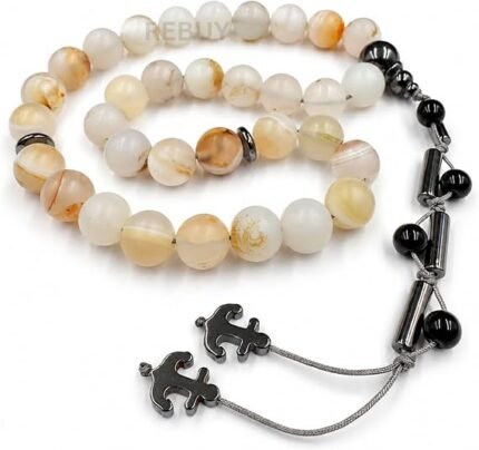 CrystalSouq Natural White Agate (Aqeeq) 33-Bead Tasbih Misbaha with Hematite & Onyx Tassel (Velvet Box)