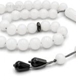 CrystalSouq Natural White Agate Stone 33-Bead Tasbih Misbaha with Hematite Accents & Velvet Box