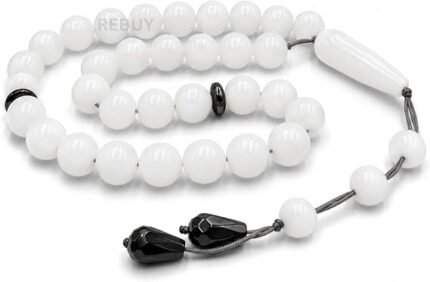 CrystalSouq Natural White Agate Stone 33-Bead Tasbih Misbaha with Hematite Accents & Velvet Box